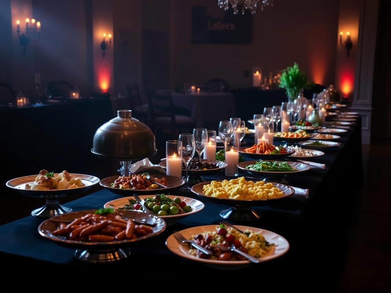 Long table of catered platters lit by candles
