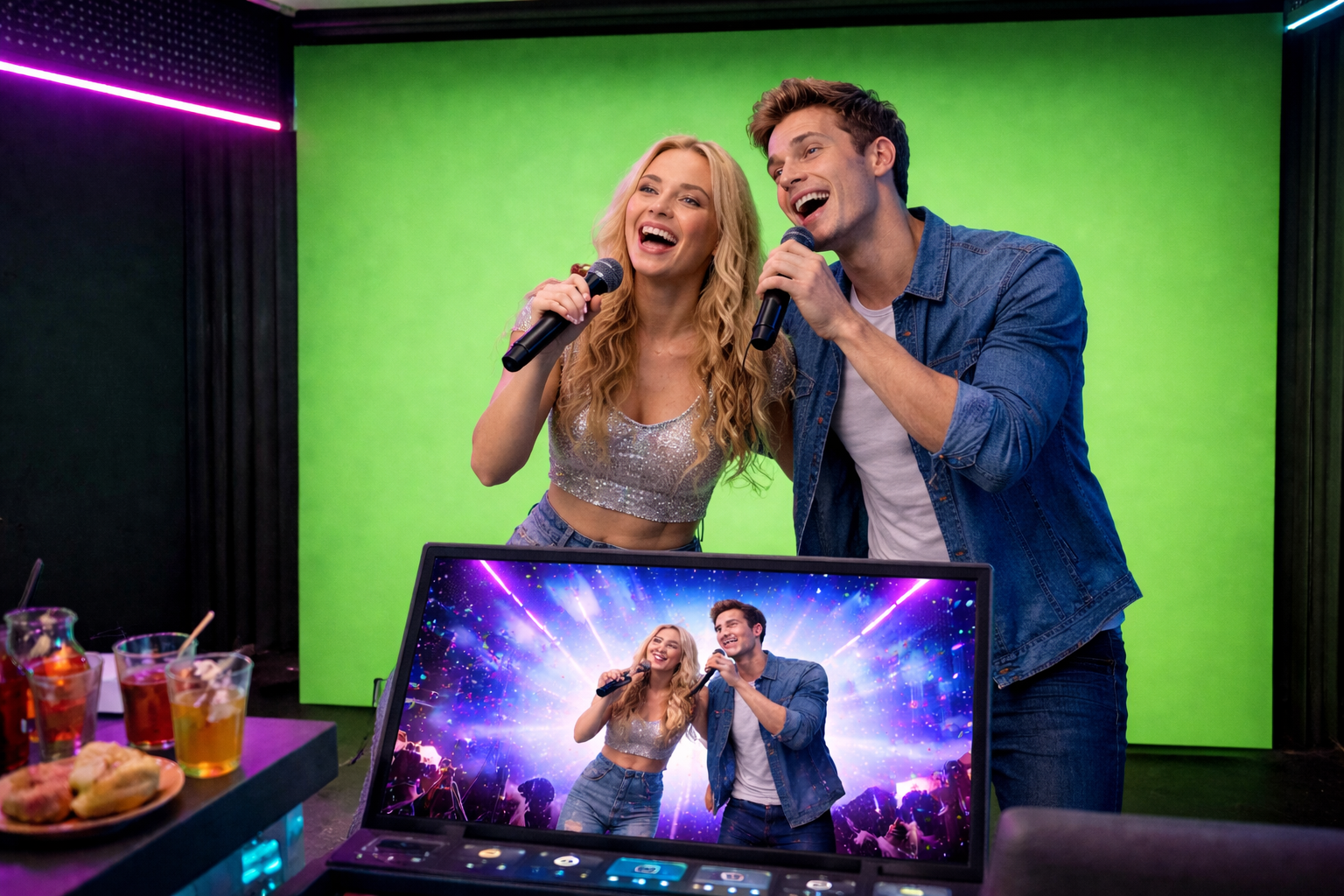 Karaoke performer singing with green screen chroma key technology
