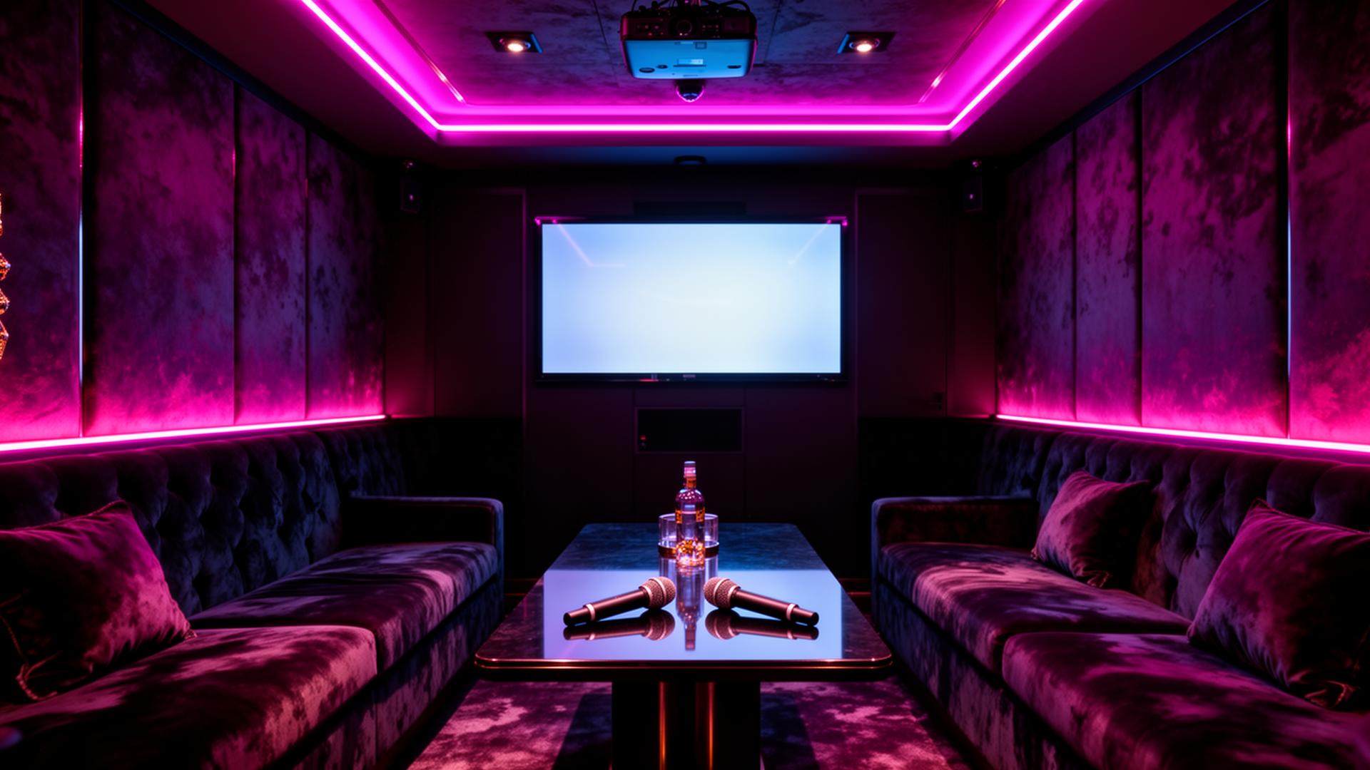 Luxury private karaoke booth with neon lighting